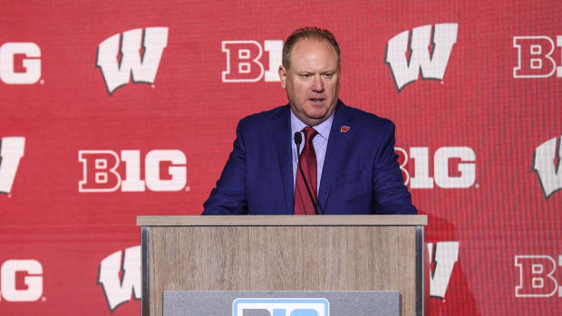 Oct 10, 2023; Minneapolis, MN, USA; Wisconsin Badgers head coach Greg Gard speaks to the media during the Big Ten basketball media days at Target Center. Mandatory Credit: Matt Krohn-USA TODAY Sports